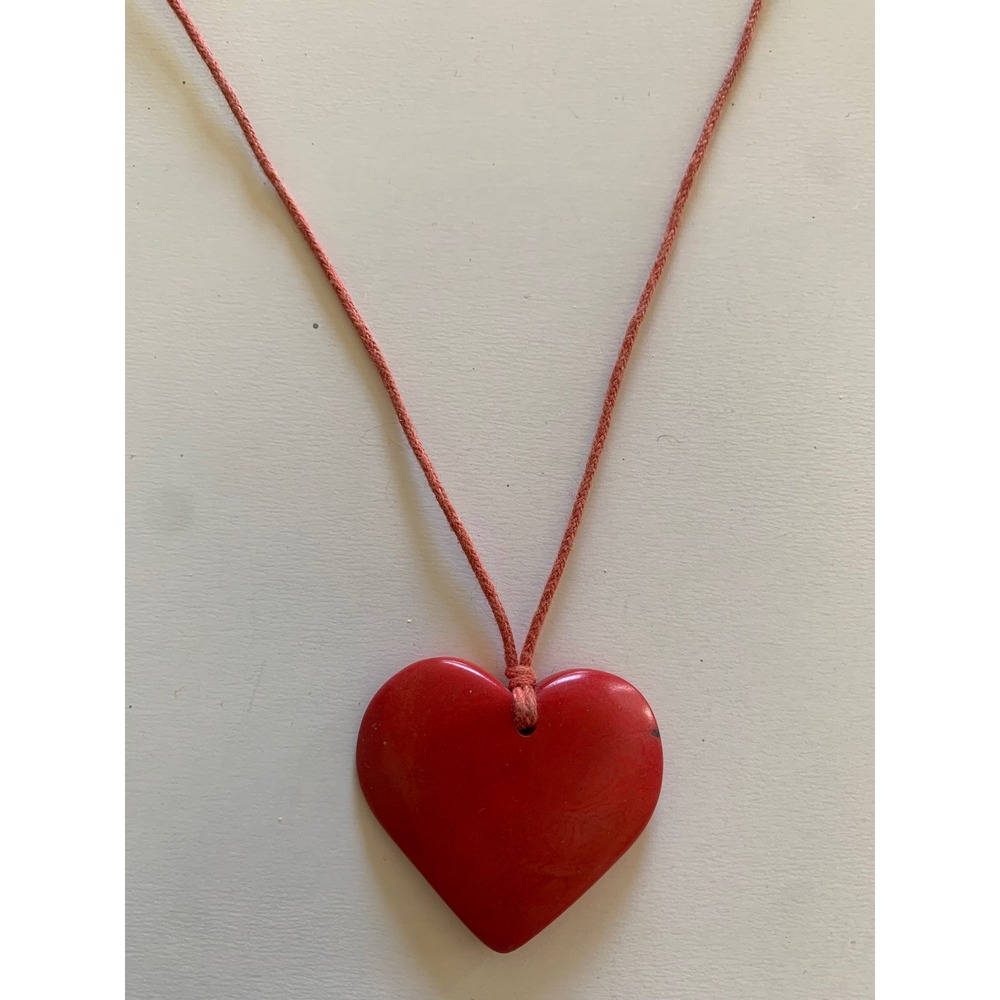 Red Heart Carved Tagua Pendant  Necklace Natural Nut Ivory Ecuador Minimal Boho